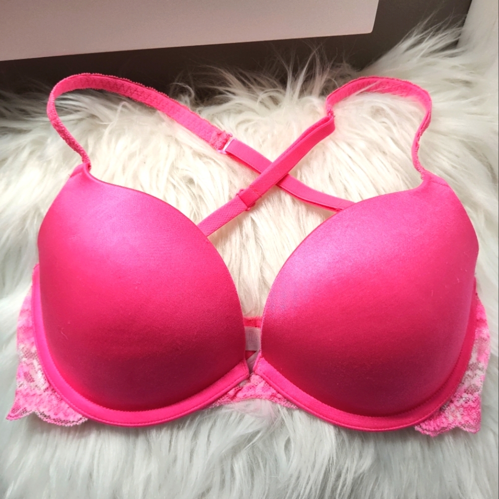 💗 Vintage Victoria’s Secret PINK Push-Up Lace Cross Back Bra, Hot Pink, 34D